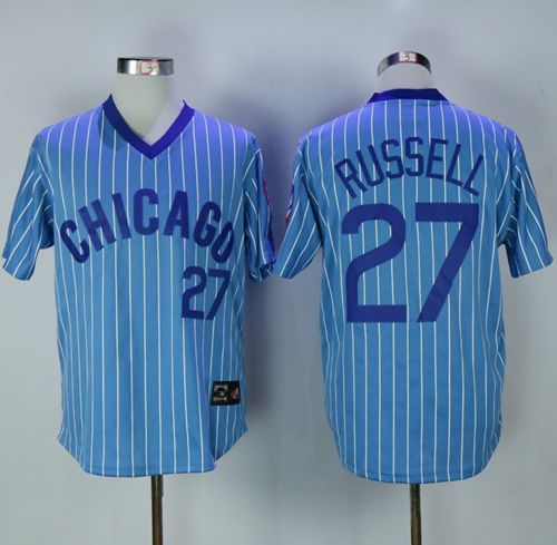 Cubs #27 Addison Russell Blue(White Strip) Cooperstown Throwback Stitched MLB Jersey